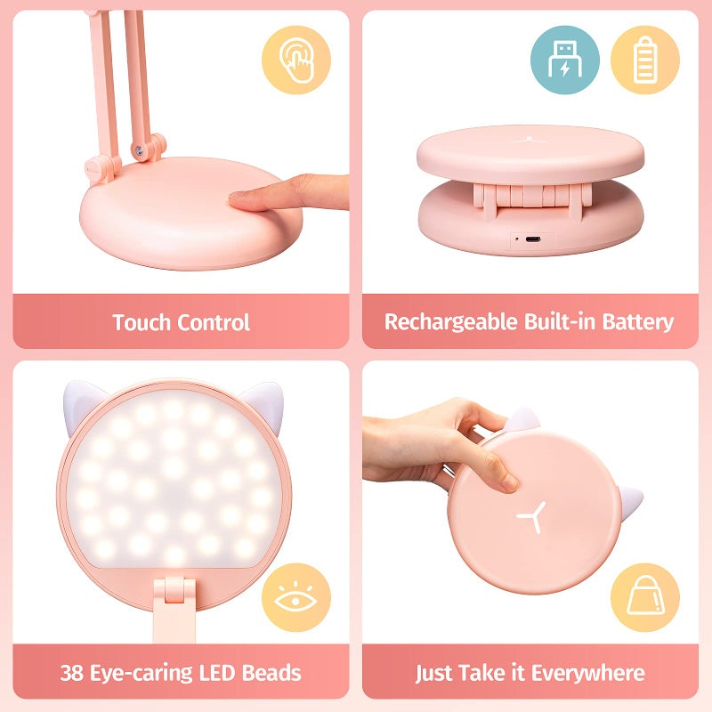 One Fire Cute Desk Lamp Pink Dorm Lamps for College Girls Foldable Portable Rechargeable Dimmable Cute Cat Lamp Kawaii Room Decor,College Dorm Decor for Girls Pink Classroom Essentials - Image 4